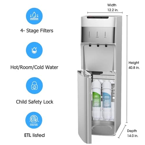 IKT Self Cleaning Bottleless Water Cooler Dispenser with Filter Built-in 4 Stage Filtration Hot Cold and Room Water Silver 6