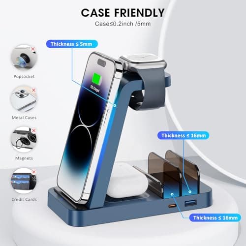 Wireless Charger for iPhone - 5 in 1 Charging Station for Multiple Devices Apple: Fast Wireless Charging Stand Dock for iPhone 17 16e 16 15 14 13 12 Pro Max Apple Watch Airpods(Blue) 6