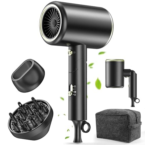 Hair Dryer, 150000RPM Ionic Blow Dryer - Fast Drying, Low Noise, Foldable Portable with Diffuser and Nozzle, Compact Mini for Women and Men, Home and Travel - Black