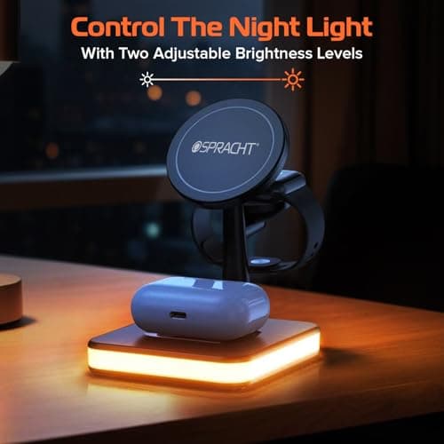 Spracht Flex Charge 4, 4-in-1 Wireless Charging Stand | 25W Fast Charger, Magnetic Connection -Works for Smartphone, Watch, Ear Buds, Qi-Enabled Devices | Nightlight, Magnetic Charging Stand (Black) 5