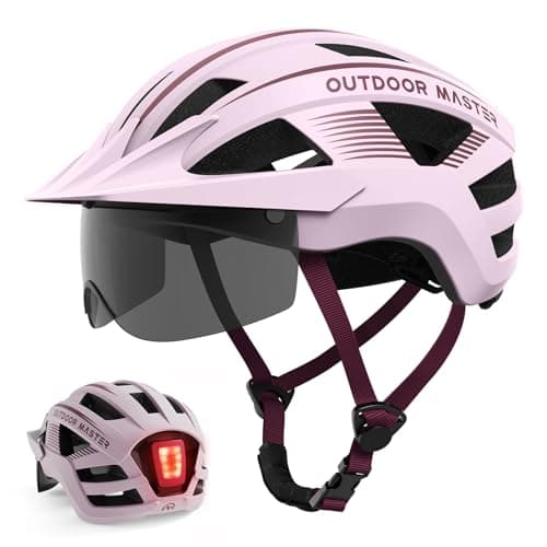 OutdoorMaster Helmets for Adults - Mountain & Road Bike Helmet with Rechargeable Safety Light, Detachable Goggles and Sun Visor - Easy to Adjust, Breathable, Lightweight - Medium
