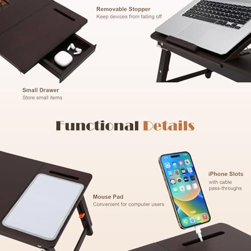 Laptop Desk for Bed with Fan Nnewvante 7 Angles & 4 Heights Adjustable Bamboo Laptop Table Foldable Lap Desk with Drawer and Phone Slot for Bed Floor Sofa, Black Walnut 7