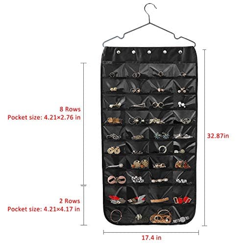 Forypretty Hanging Jewelry Organizer, Double-Sided 80 Pockets (40 Front + 40 Back), Closet & Hook Jewelry Storage, for Earrings, Necklaces, Bracelets, Rings & Pendants, Black 6
