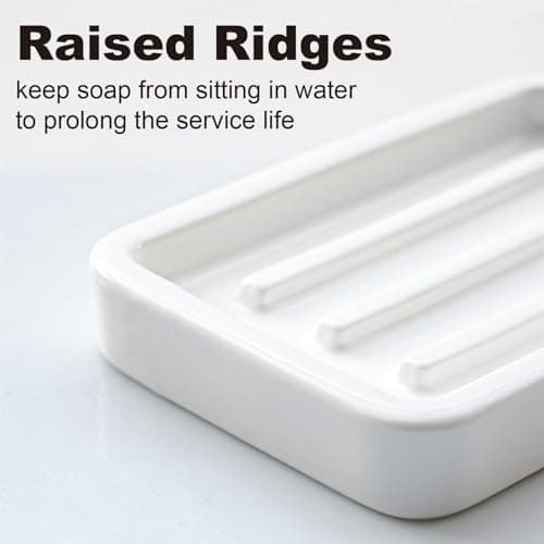 Matte Ceramic Soap Dish with Raised Ridges, Rectangle Bar Soap Holder for Bathroom Counter, Shower and Kitchen Sink, White 6