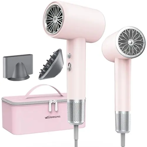 Hair Dryer for Women High Speed 1500W, warmmama Ionic Blow Dryer for Curly Hair Quiet Brushless Motor Fast Drying Thermo-Control, Travel Hair Dryers with Diffuser and Nozzle, Pink