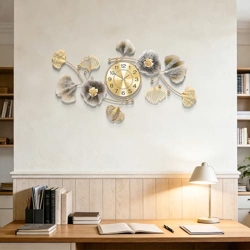 Axioglo Wall Clocks for Living Room Decor,Large Wall Clock,3D Creative Metal Ginkgo Leaf Design,with Silent Movement Wall Clocks for Home Wall Decor Clock（33"x18"） 7