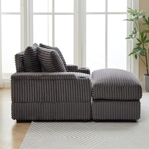 EXZLFA Oversized Chaise Longue Indoor，Comfy Thicked Upholstered Pad Lounge Chair with Ottoman，Soild Wood Sleeper Reclining Chair ，Corduroy Deep Seat Couch for Living Room（Grey 1Seat with Cup Holders 7