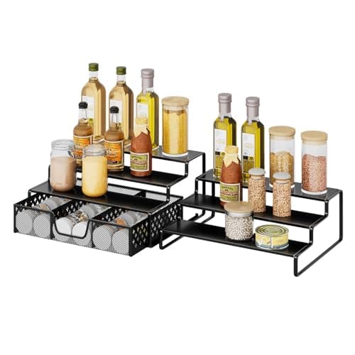 Simple Trending Spice Rack Organizer for Cabinet, 2 Pack 3 Tier Seasoning Organizer, Expandable Shelf, Step Storage Holder, Kitchen Cabinet Countertop, with Sliding Drawer, Metal, Black