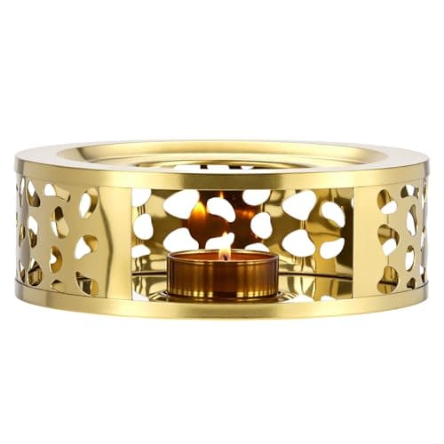 QWORK Tea Kettle Warmer, Brushed Stainless Steel Tea Kettle, Hollow Frame, with Tea Candle Holder, Fits Most Teapots, Gold