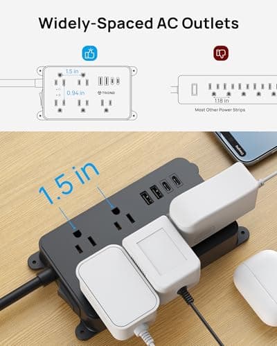 TROND Power Strip Surge Protector, 5 Widely-Spaced Outlets with 2 USB A and 2 USB C, ETL Listed, Wall Mountable, Flat Plug 5ft Extension Cord, 1300J, 14AWG Heavy Duty, for Office Kitchen, Black 7