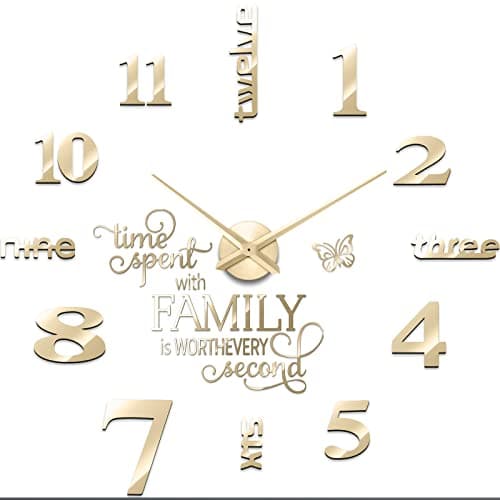 Junkin 3D Large Frameless DIY Wall Clock Modern Decor Family Quote Wall Stickers Clock Kit for Home Living Room Bedroom Office Decorations Adjustable Size(Gold)