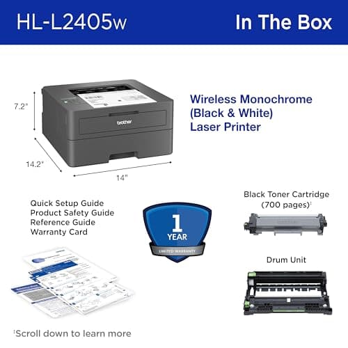 Brother HL-L2405W Wireless Compact Monochrome Laser Printer with Mobile Printing, Black & White Output | Includes Refresh Subscription Trial(1), Works with Alexa 7