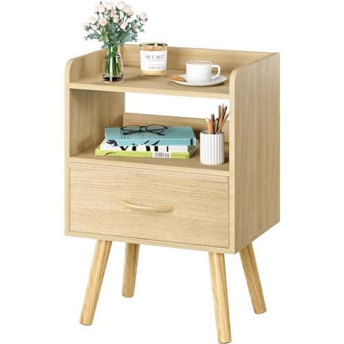 Yoobure Modern Nightstand with Fabric Drawer, Bedside Tables, Mid Century Nightstand with Open Storage Shelf, Wood Bedside Table, Small Night Stands for Bedrooms, 2-Tier Night Table