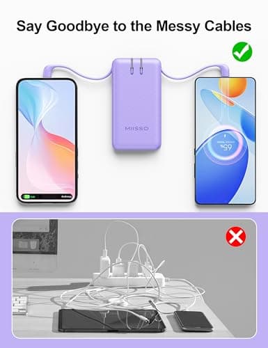 miisso Ultra Slim 10000mAh Power Bank Built-in Cables and Foldable AC Wall Plug, Pocket Size USB C Portable Charger, External Battery Pack Compatible with iPhone Samsung, Purple 8