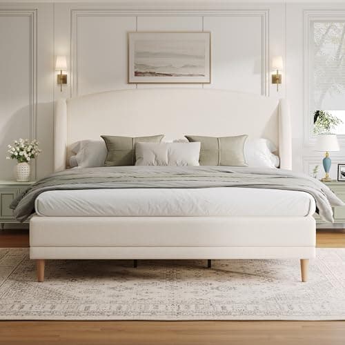 Merax King Size Upholstered Platform Bed, Boucle Fabric and Wingback Headboard, Rounded Corners, White