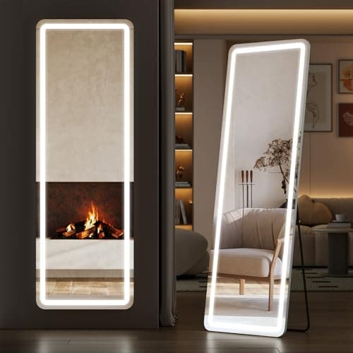 Sweetcrispy Full Length Mirror with LED Lights, 65"x21" Lighted Floor Mirror with Dimming & 3 Color Lighting, Stand for Bedroom, Dressing Room
