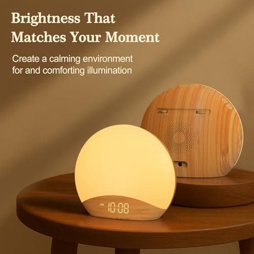 REACHER Wood Grain Sunrise Alarm Clock and Sound Machine Nightlight, Digital Dimmable Clock for Bedroom, 26 Sleep Sounds, White Noise Machine for Baby, Adults, Wake Up Light Alarm Clock for Kids 5