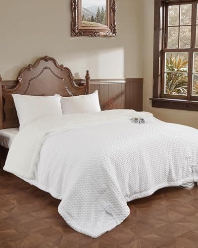 CAROMIO Heated Blanket King Size with LCD Dual Controller, Waffle Weave Fast Heating Electric Blankets, 10 Heat Levels & 1-12H Time Settings, ETL Certified, Machine Washable, Off White, 100" x 90" 9