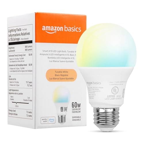 Amazon Basics Smart Indoor LED Light Bulb, Sunset-to-Midnight Activated, Works with Alexa Only, Tunable White, 7.5 W, 1-Pack