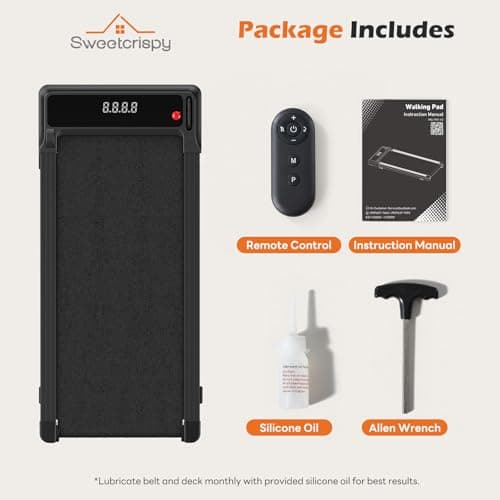 Sweetcrispy Compact Armless Treadmill for Small Spaces, Quiet Under-Desk Walking Pad, Slim & Portable Design for Home Office Workouts, Ideal for Apartments and Work-from-Home Fitness, Bright Black 10