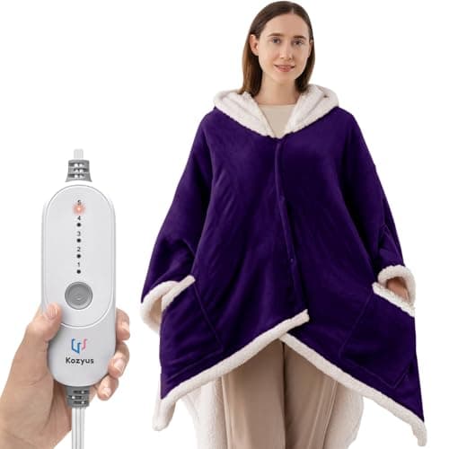 Kozyus Wearable Heated Throw Blanket, Heated Shawl Electric Wrap Poncho with Hood & Pockets for Women & Men, 5 Heat Settings, 3H Auto-Off, Machine Washable, ETL Certified, Gift-Ready, 56x63, Purple