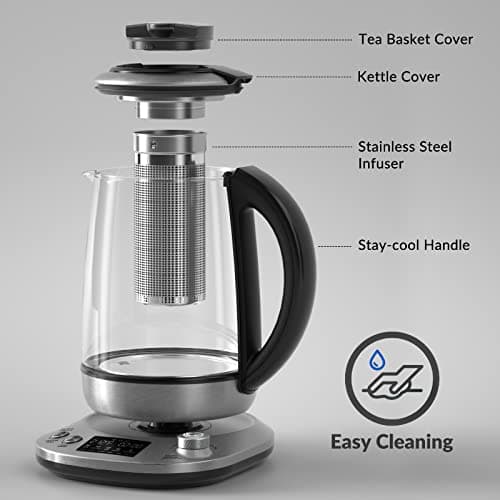Mecity Electric Tea Kettle with Removable Infuser, 9 Preset Brewing Programs, Temperature Control, 2 Hours Keep Warm, Borosilicate Glass, 1.7 Liter, 1200W 6