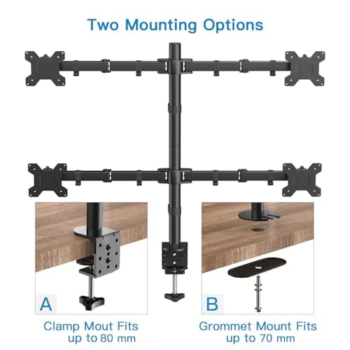 HUANUO Quad Computer Monitor Mount - Heavy Duty LCD Computer 4 Monitor Stand with Full Articulation, Fits Four Screens up to 27 Inches - Each Arm Holds up to 17.6lbs, VESA 75x75-100x100mm 5