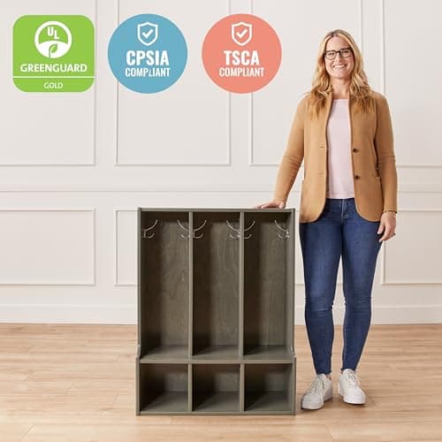 ECR4Kids Streamline 3-Section Toddler Coat Locker with Bench, Classroom Furniture, Grey Wash 5