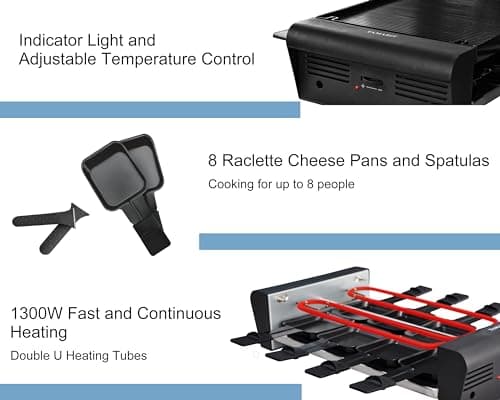 TAMARIT Raclette Table Grill for 8, 2 in 1 Small Swiss Style PFAS-No Nonstick Reversible Grill/Griddle Plate Adjustable Temperature Control 1300 W, 8 Raclette Cheese Pans Black 5