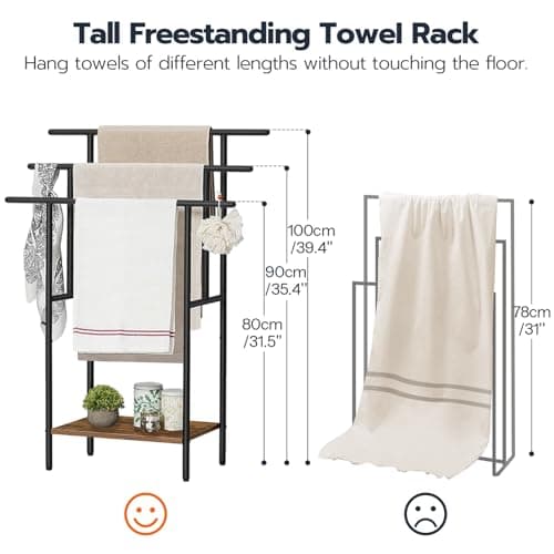 HOOBRO 39.4" Tall Freestanding Towel Rack for Bathroom, 3 Tier Stepped Blanket Rack with Shelf, Oversized Bath Towels Drying and Display Rack, Black and Rustic Brown BF50LB01 6