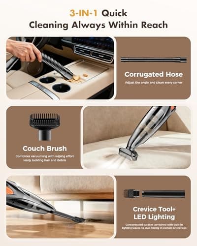 Handheld Vacuum Cordless 25000PA Powerful Suction, Portable Car Vacuum, 3 in 1 Hand Held Vacuum Rechargeable 8000mAh with LED Light, HEPA Filter, Home, Car Seats, Office, Pet Hair, Dust Buster 6