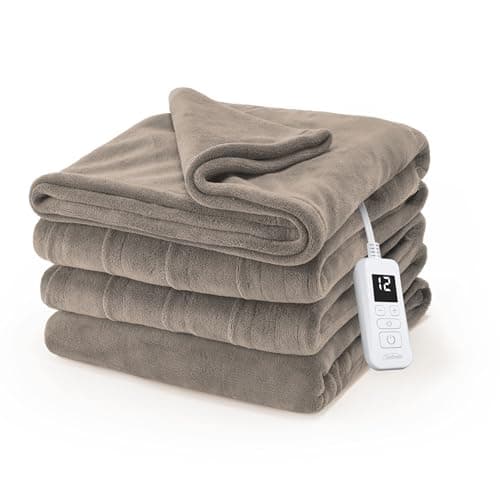 Sunbeam Electric Royal Luxe Microplush Heated Blanket, 12 Heat Settings, 12-Hour Selectable Auto Shut-Off, Fast Heating, Warm and Cozy, Mushroom Color, Full, 84" x 72"