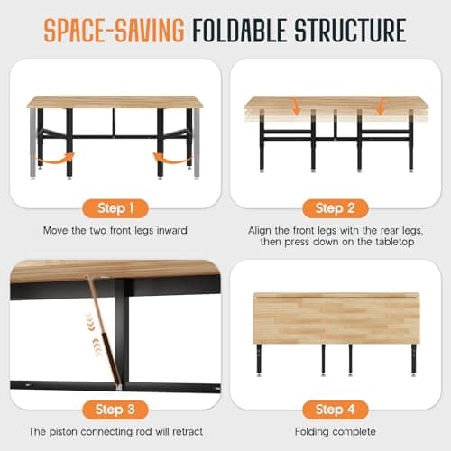 SPECRAFT 60" Folding Workbench, Adjustable Foldable Workbench with 2000 LBS Capacity, 30.7"-40" Height, Rubber Wood Top for Garage, Workshop, Office 3