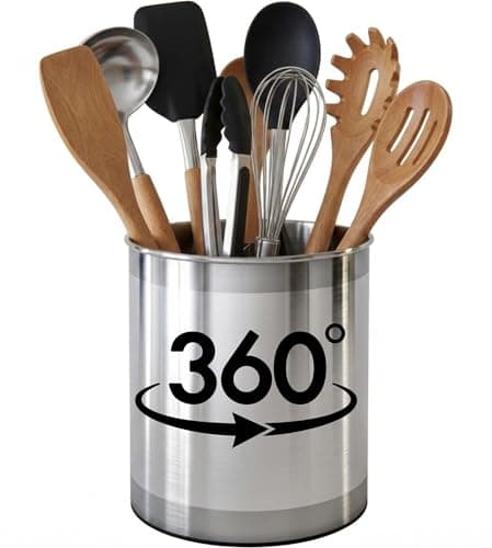 Cooler Kitchen Rotating Extra Large Stainless Steel Utensil Holder Caddy with Sturdy No-Tip Weighted Base, Removable Divider, and Gripped Insert Bottom -Dishwasher Safe Metal Cooking Utensil Holder