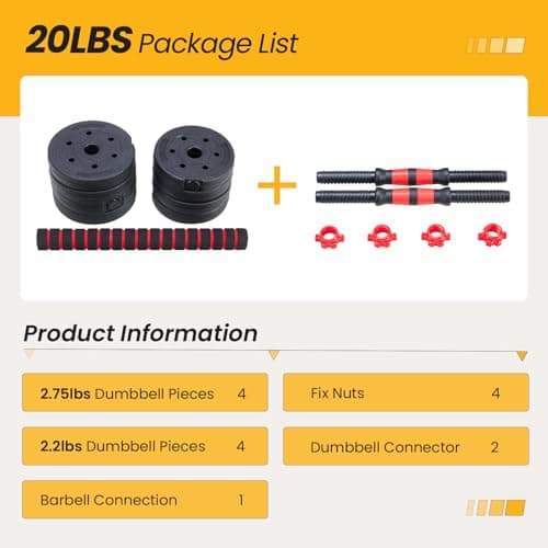 NEWBULIG Adjustable Dumbbell Set, 20 lbs Free Weights Set 4 in 1, Used as Dumbbell, Barbell, Weight Plate, Fitness Exercises for Home Gym, Women and Men Equipment 8