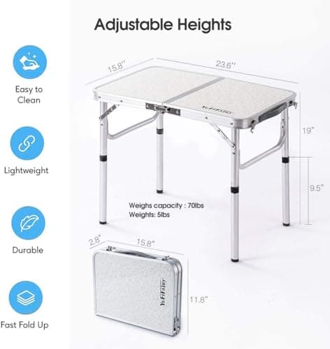 Folding Camp Table Small, 24''L x16''W with Adjustable Height Legs, Indoor Outdoor Lightweight Portable Aluminum Dining Table for Picnic Camping 2-Feet（2 Heights 10"/19"） 4