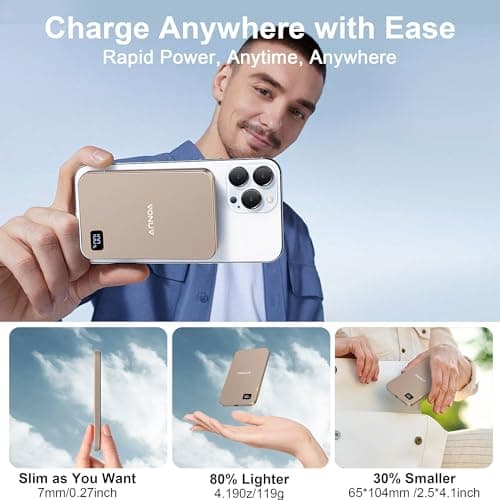 VONUV Magnetic Portable Charger 5000mAh, 15W Ultra Slim Wireless Portable Charger, Fast Charging for iPhone 16/15/14/13/12 Pro/Pro Max/Plus, Metal Shell, USB-C Cable to Charge Other Phones (Gold) 6