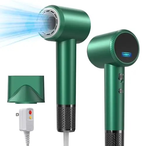 Professional Hair Dryer - 150000 RPM High-Speed, Negative Ionic for Fast Drying and Hair Care. Low Noise, 4 Temps/2 Speeds, Lightweight with Magnetic Nozzle. (Green)