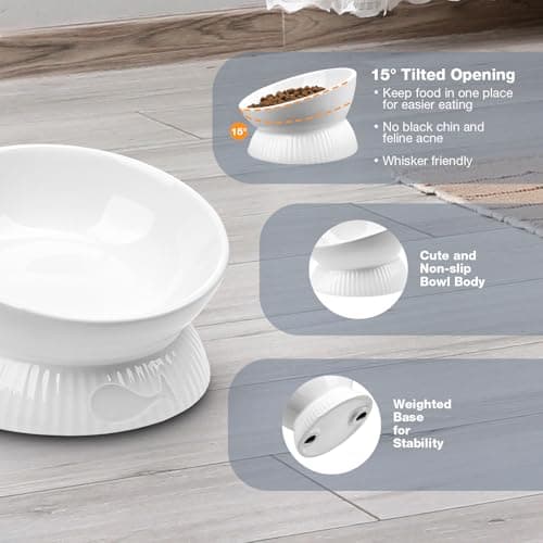 Kopmath Elevated Cat Bowl, Ceramic Tilted Cat Food Bowl, Anti Vomiting, Stress Free on Neck and Spine, Spill-Proof, Anti-Tipping, Dishwasher Safe, Raised Pet Bowls for Indoor, Dry/Wet Food, White 5