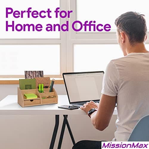 MissionMax Medium Bamboo Caddy Desk Organizer and Storage with Drawer and Compartments for all your Office and Home needs 5