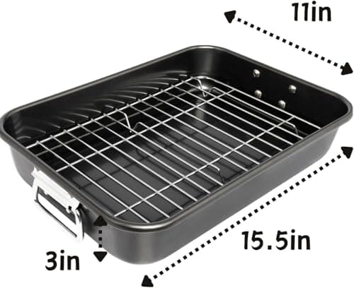 Roasting Pan with Rack - 15 Inch Carbon Steel Roaster Pan for Oven - Large Roaster Pot with Handle for Turkey Chicken Meat & Vegetables 7