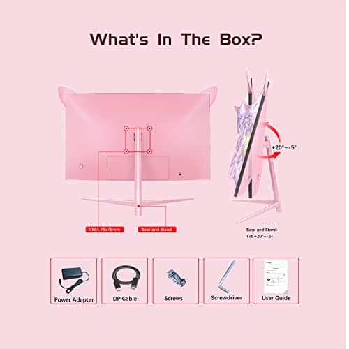 FYHXele FY27QHP Pink Monitor 27 Inch Curved Gaming 165Hz - Support 144Hz 1800R 1ms QHD 2560 x 1440P VA Screen, Built-in Speakers, AMD Free-Sync, HDMI, DP, USB, AUX, Tilt Adjustable 7