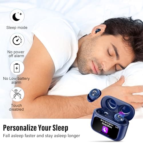 VEKJ Sleep Earbuds Bluetooth 5.4 in Ear Smart Touch Screen Ear Buds, 48H Playtime Mini Sleep Headphones Small Design for Side Sleepers, Crystal-Clear Calls, 5 EQ Modes, IPX7 Waterproof Earphones Blue 2