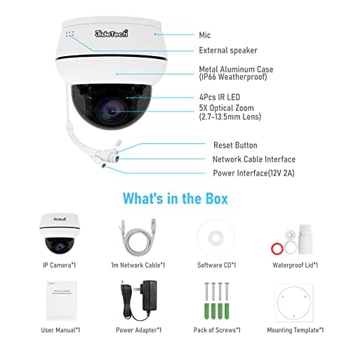 JideTech Outdoor 4K PTZ POE Camera, 8MP IP Dome Camera with 5X Optical Zoom, IR Night Vision Human/Motion Detection, Built in 2-Way Audio, Pan/Tilt, SD Card Slot 9