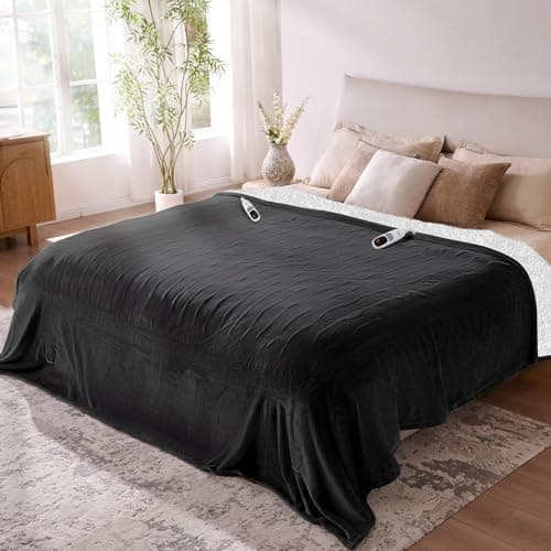 Yokimisu Electric Blanket King- Soft Heating Blanket, Dual Control & 9 Heat Levels, 10H Timer, Soft Flannel to Sherpa, Fast Heating Electric Throw, Machine Washable, Gift for Mom, Dad, 90"x100" Black