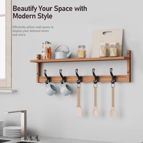 Tatub 29'' Coat Rack Wall Mount with Shelf, Wood Wall Hooks with Storage, Entryway Shelf with 5 Hangers for Bathroom, Living Room, Bedroom, Rustic Brown 6
