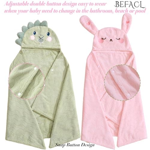 BEFACL Hooded Towel for Kids, 2 Pack Ultra Soft Coral Fleece Kids Bath Towels, Absorbent Toddler Towels with Hood Age 0-10 Years for Infant, Kids - Large 27.5 X 55 inch (Pink Rabbit & Green Dinosaur) 5