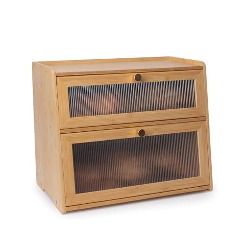 Rose and burlap Bamboo Bread Box 2 Tiered for Kitchen Counter-Large Capacity Wood Bread Basket Storage Container Bread Box with Window Bread Holder with Shelf Vitamin Bottle Storage