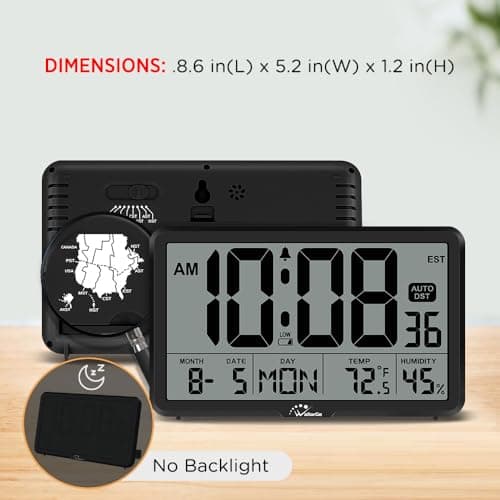WallarGe Auto Set Digital Wall Clock Battery Operated, Desk Clocks with Temperature, Humidity and Date, Large Display Digital Calendar Alarm Clock for Elderly, Bedroom, Office, 8 Time Zone, Auto DST. 7