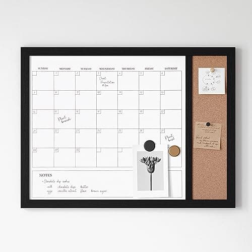Martha Stewart Everette Magnetic Dry Erase Monthly Calendar and Cork Board Combo with Included Marker, Magnets, and Push Pins, 24"x18", Black Woodgrain Frame 6
